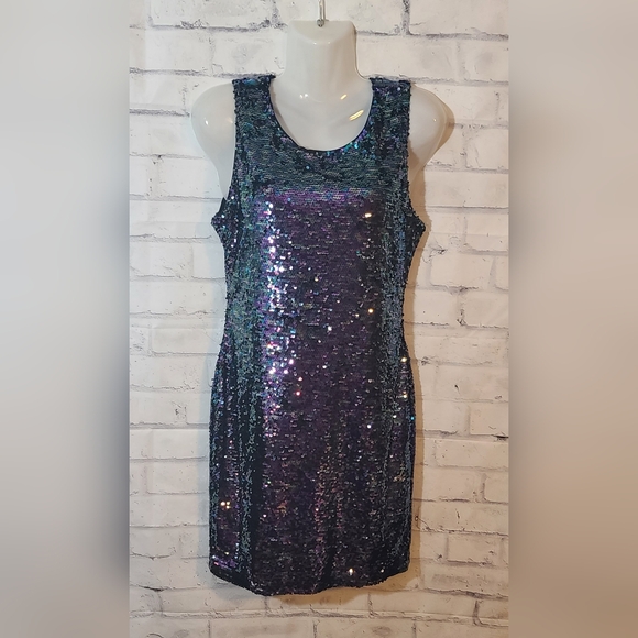 Crystal Doll Sequin Zip Up Dress Purple Green - Picture 1 of 5